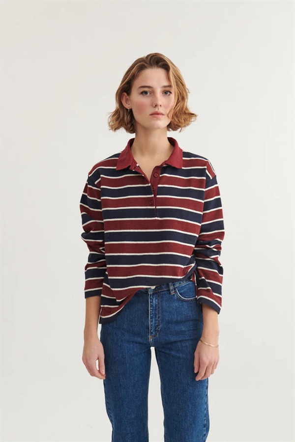 Basic Apparel - Anneli Polo LS Tee - Bordeaux Truffle / Sky Captain