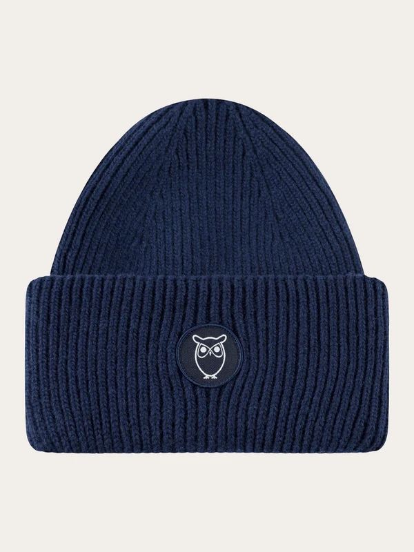 KnowledgeCotton Apparal Wool Badge Beanie - Total Eclipse