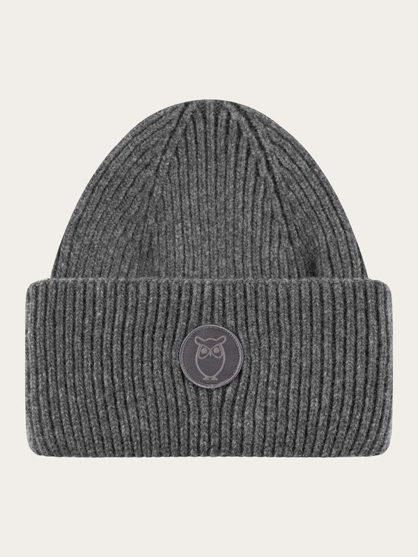 KnowledgeCotton Apparal Wool Badge Beanie - Dark Grey Melange