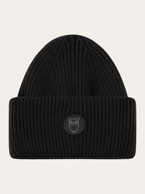 KnowledgeCotton Apparal Wool Badge Beanie - Black Jet