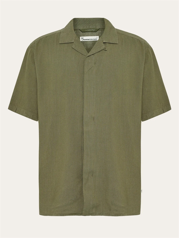 KnowledgeCotton Apparal Mens Moss Relaxed Linen Blend Short Sleeve Shirt - Burned Olive