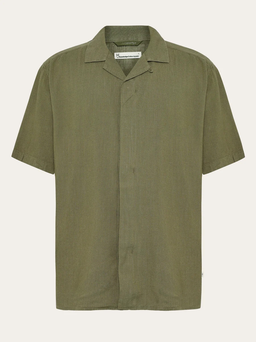 KnowledgeCotton Apparal Mens Moss Relaxed Linen Blend Short Sleeve Shirt - Burned Olive