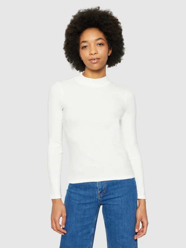 KnowledgeCotton Apparel - Organic Cotton High Neck RIb Blouse - Star White
