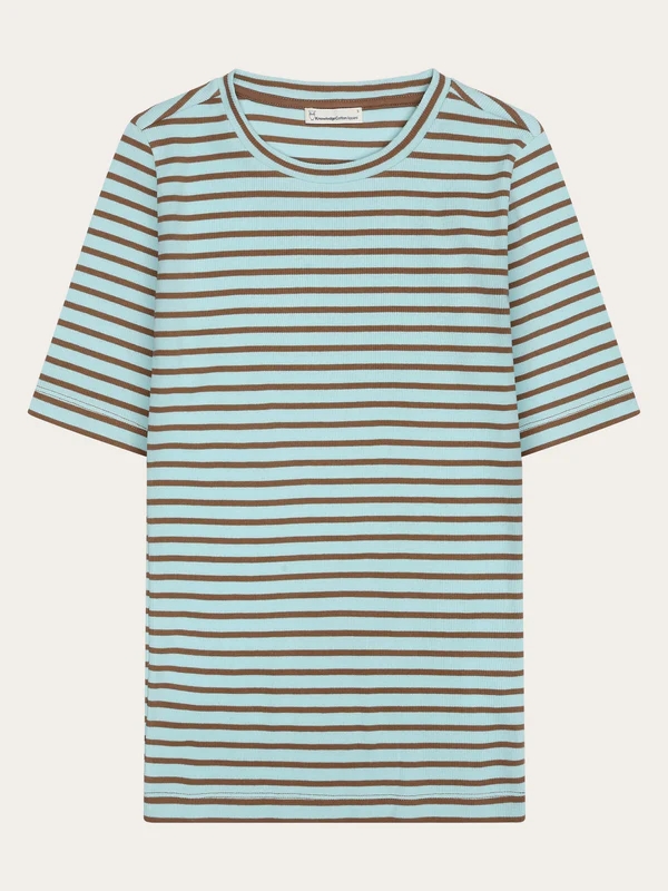 KnowledgeCotton Apparel - Striped Rib T-Shirt - Light Blue Stripe