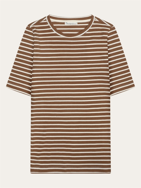 KnowledgeCotton Apparel - Striped Rib T-Shirt - Dark Brown Stripe